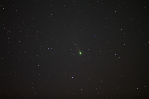 Comet Lovejoy. The green color, not common in astro-objects, is one reason I wanted to get an image. They're usually more blue-green than this. It's probably my abilities as an imager (or lack of them) that caused this, and not an actual color difference in this comet. 
